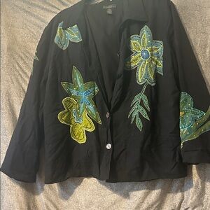 Coldwater Creek Black Jacket with Green and Blue Floral Embroidery